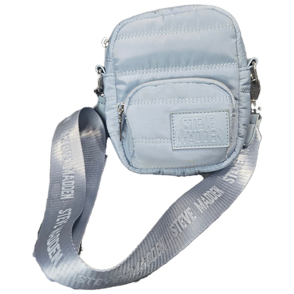 Steve Madden Light Blue Quilted Nylon Crossbody Bag Logo Strap Y2K Purse Travel